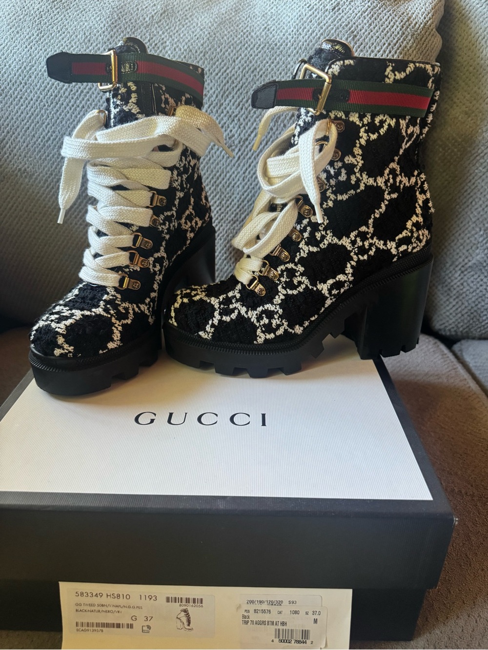 Gucci Black & White Tweed Lace-Up Platform Ankle Boots with Web Strap